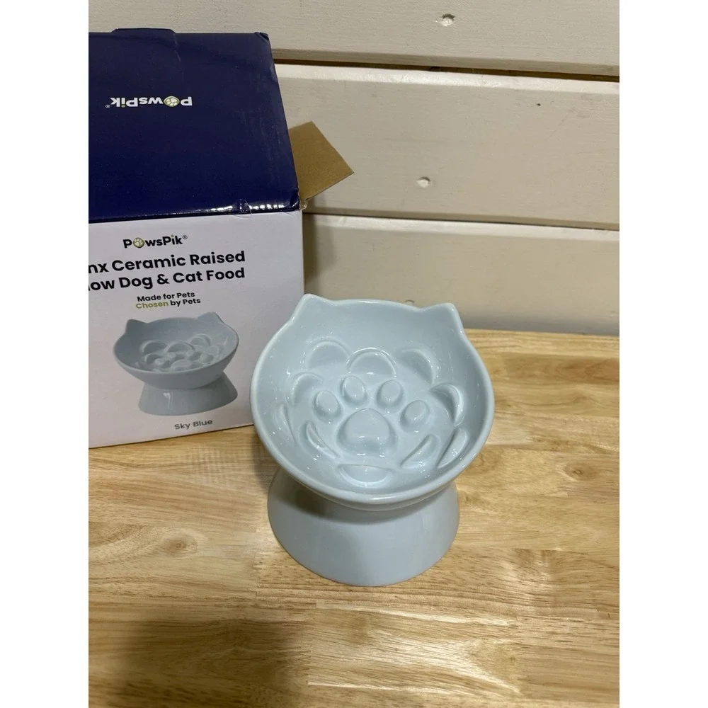PawsPik Raised Ceramic Slow Feeder Dog & Cat Food Bowl Sky Blue